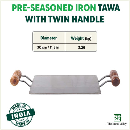 100% Pure Iron Square Tawa with Double Wooden Handles, Pre-Seasoned, Toxin-free, Induction, 30.5cm
