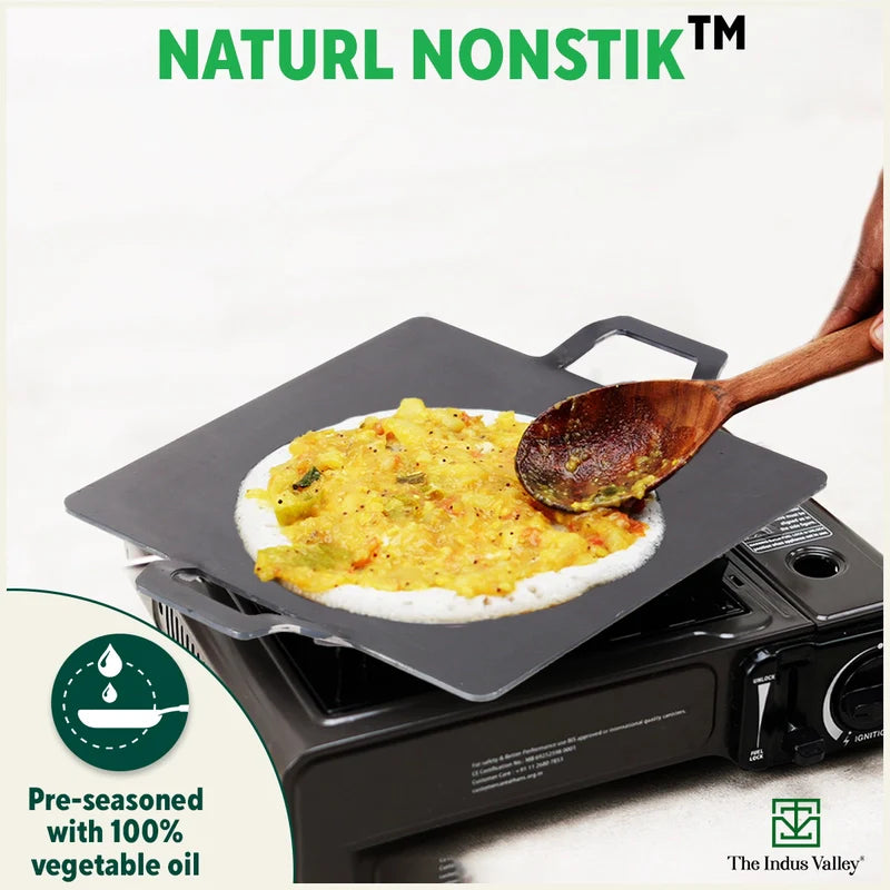 100% Pure Iron Square Tawa with Double Handles, Toxin-free Sheet Iron, Pre-Seasoned, Induction & Gas, 30.5cm