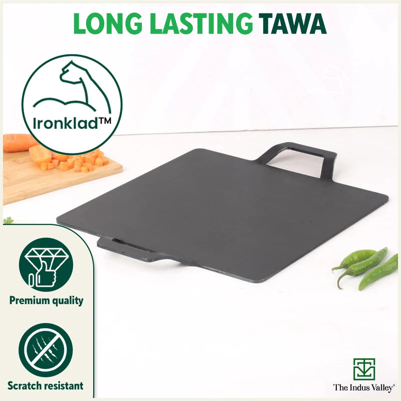100% Pure Iron Square Tawa with Double Handles, Toxin-free Sheet Iron, Pre-Seasoned, Induction & Gas, 30.5cm