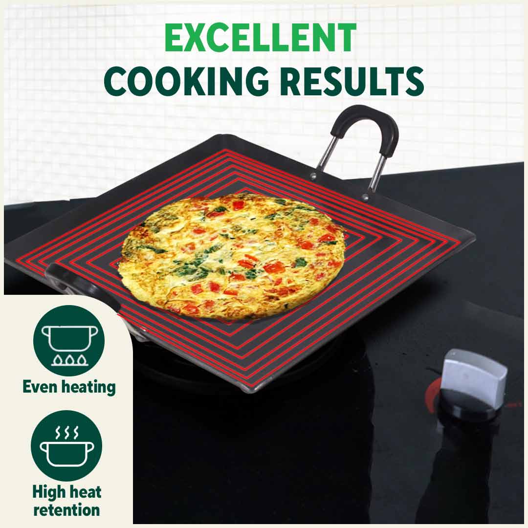 100% Pure Sheet Iron Tawa, Square, Cool Bakelite Handle, Seasoned, Toxin-free, Induction, 29.5cm, 1.88kg