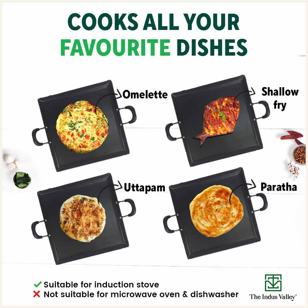 100% Pure Sheet Iron Tawa, Square, Cool Bakelite Handle, Seasoned, Toxin-free, Induction, 29.5cm, 1.88kg