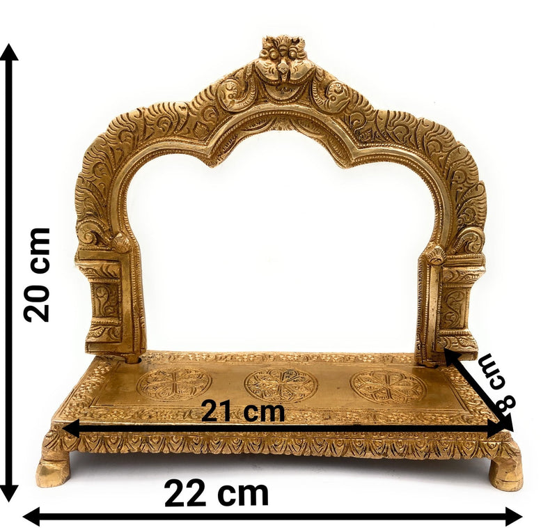 Bhunes Brass Deity Stand with Prabhavali & Chowki | Singhasan Peeth for Idols, Mandir & Pooja Room, Gold, 8 Inch, 1 Piece