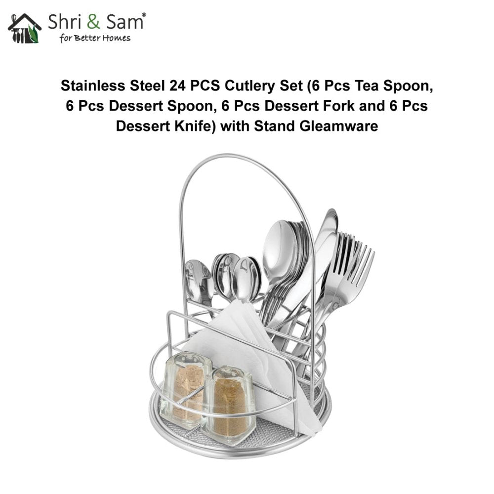 Stainless Steel 24 PCS Cutlery Set (6 Pcs Tea Spoon, 6 Pcs Dessert Spoon, 6 Pcs Dessert Fork and 6 Pcs Dessert Knife) with Stand Gleamware