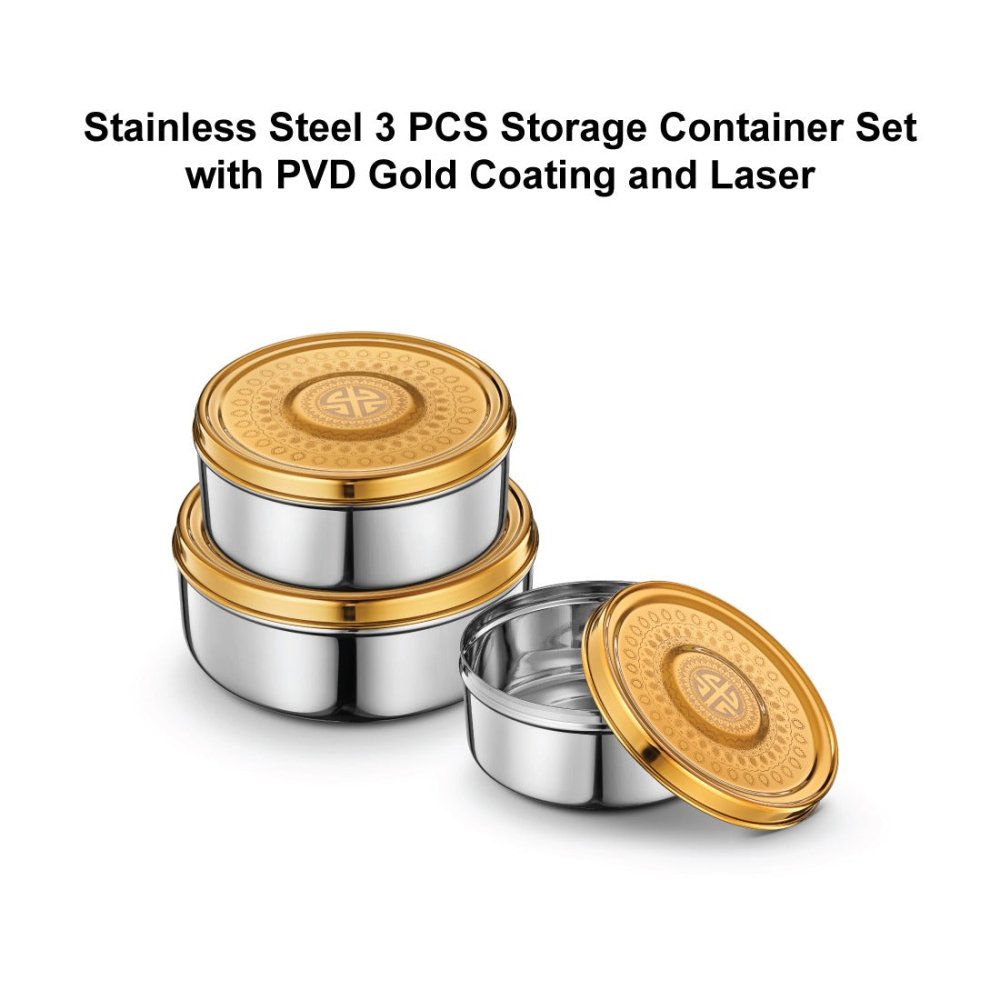 Stainless Steel 3 PCS Storage Container Set with Gold PVD Coating and Laser