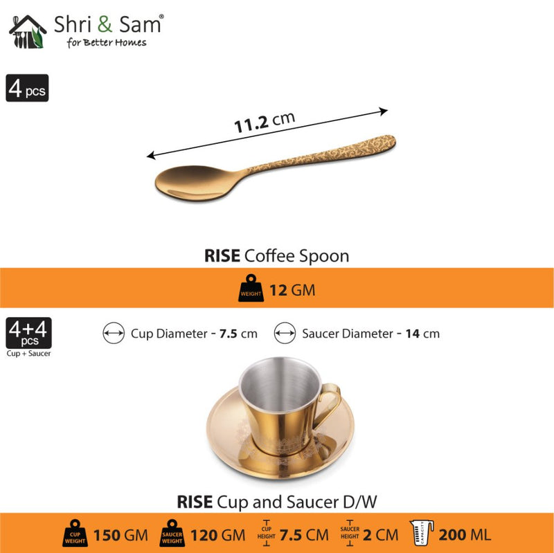 Stainless Steel 4 PCS Double Wall Cup and Saucer with Gold PVD Coating & Laser Rise