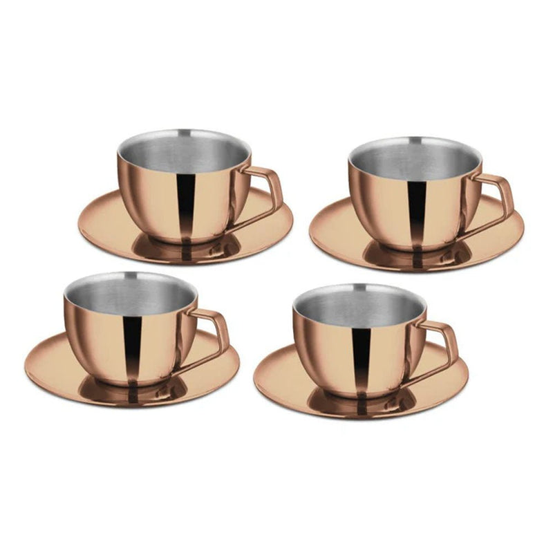 Stainless Steel 4 PCS Double Wall Cup and Saucer with Rose Gold PVD Coating Espresso
