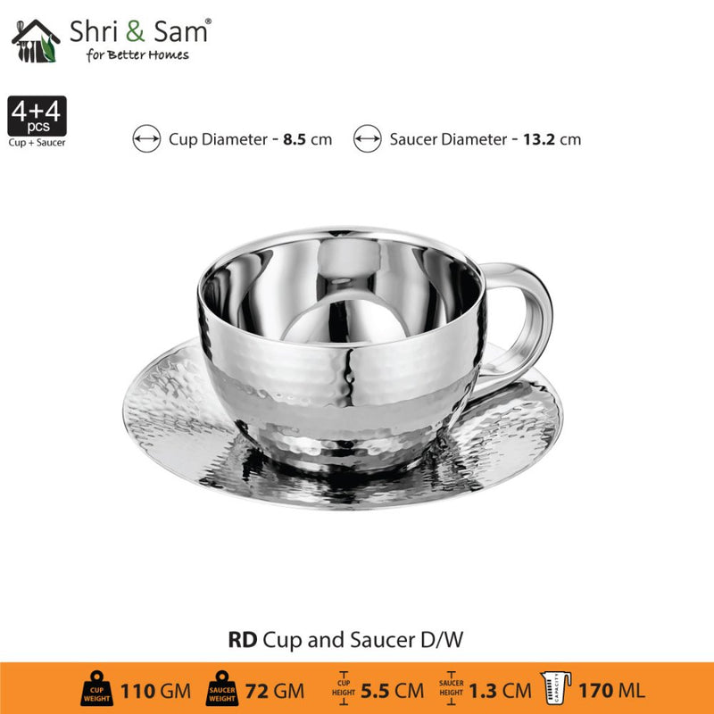 Stainless Steel 4 PCS Double Wall Hammered Cup and Saucer RD