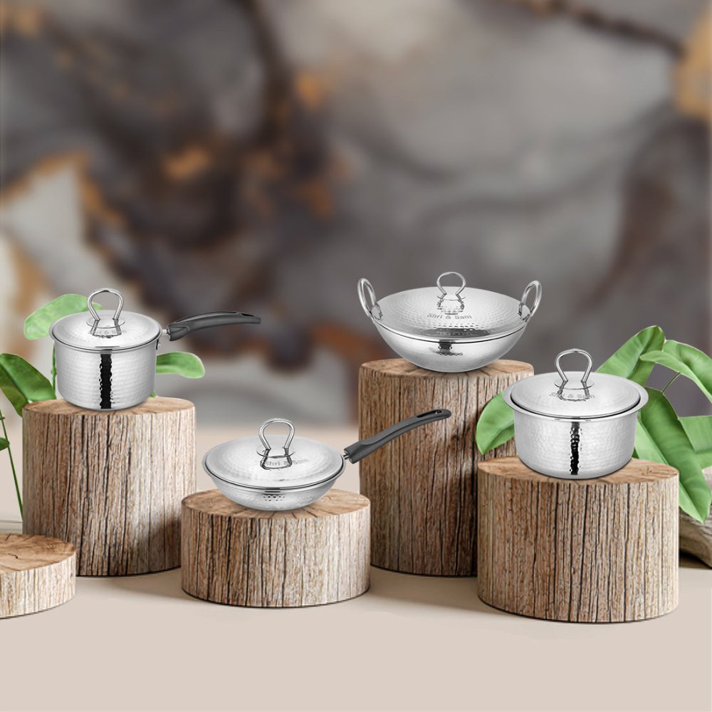 Stainless Steel 4 PCS Heavy Weight Hammered FAMILY Cookware Set with Lid
