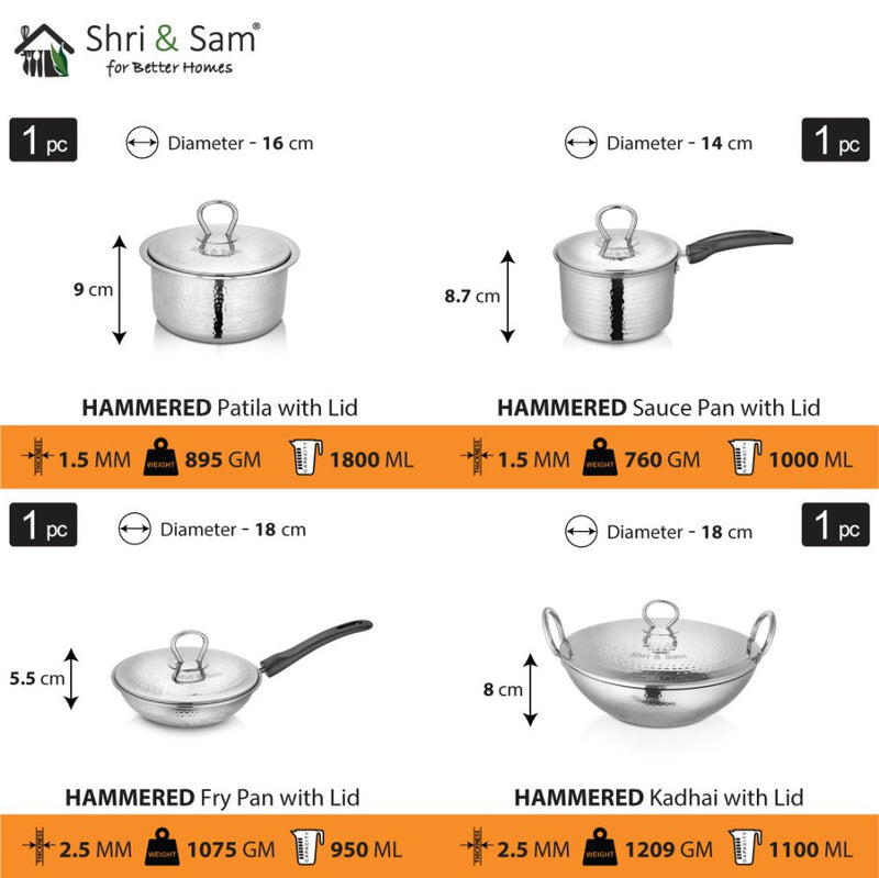 Stainless Steel 4 PCS Heavy Weight Hammered STARTER Cookware Set with Lid