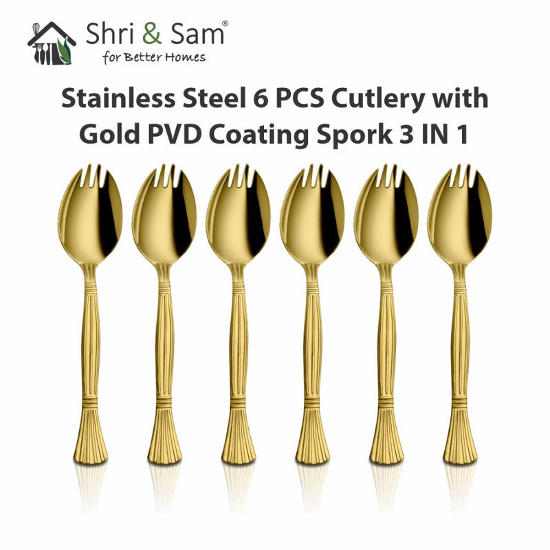 Stainless Steel 6 PCS Cutlery with Gold PVD Coating Spork 3 IN 1