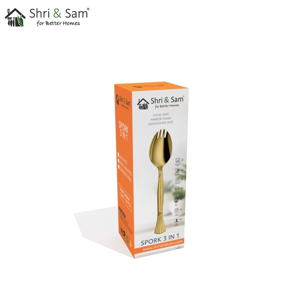 Stainless Steel 6 PCS Cutlery with Gold PVD Coating Spork 3 IN 1