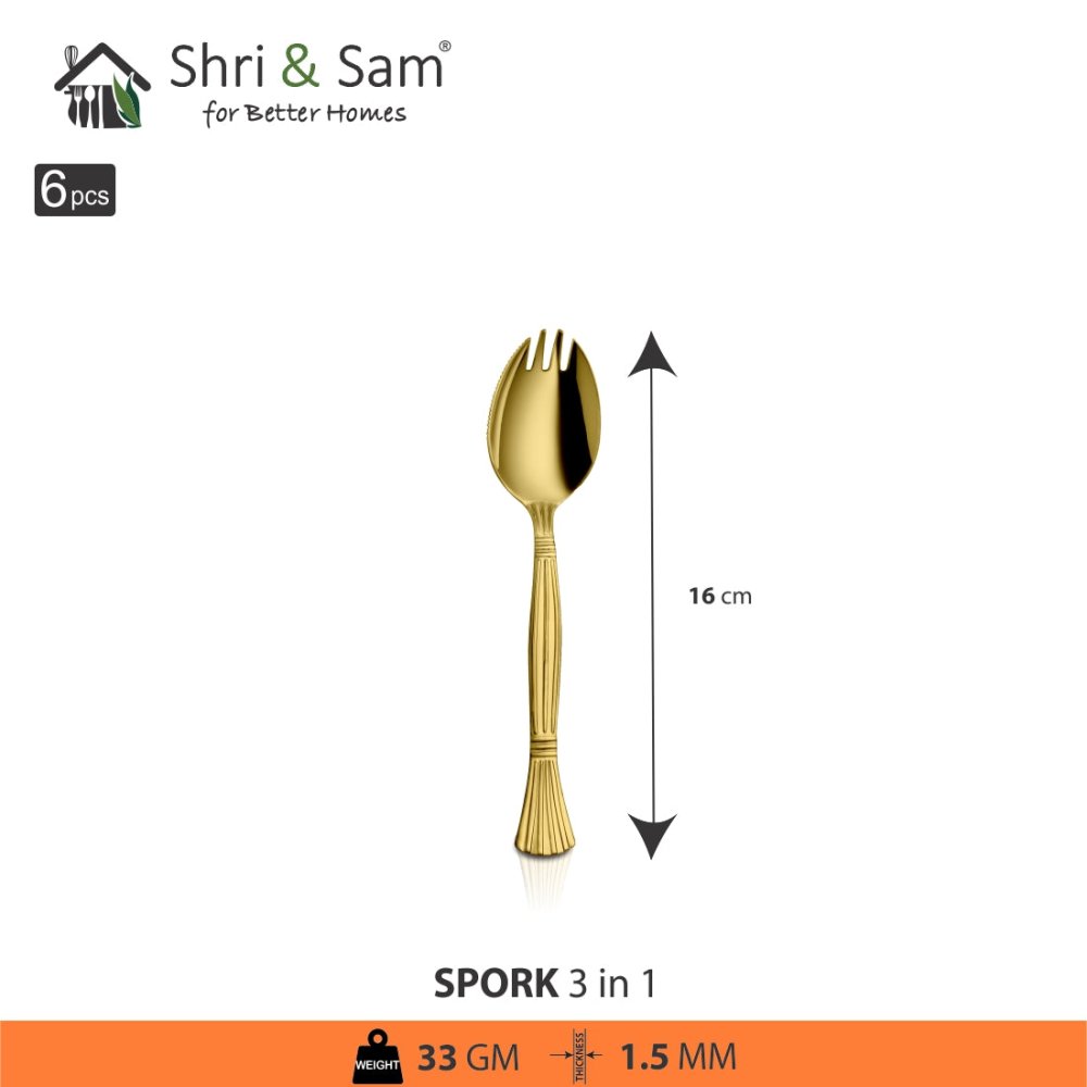 Stainless Steel 6 PCS Cutlery with Gold PVD Coating Spork 3 IN 1