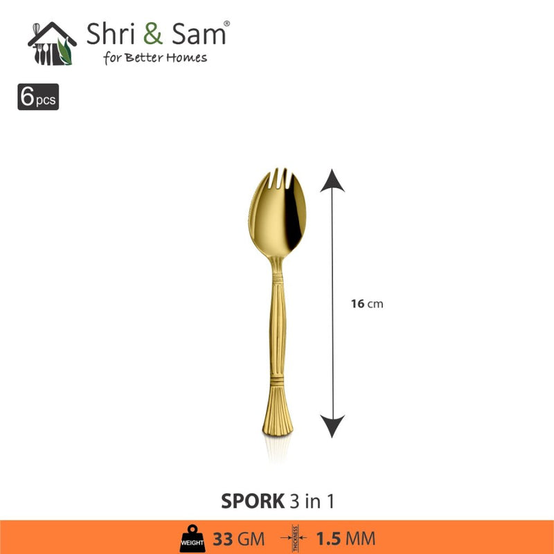 Stainless Steel 6 PCS Cutlery with Gold PVD Coating Spork 3 IN 1