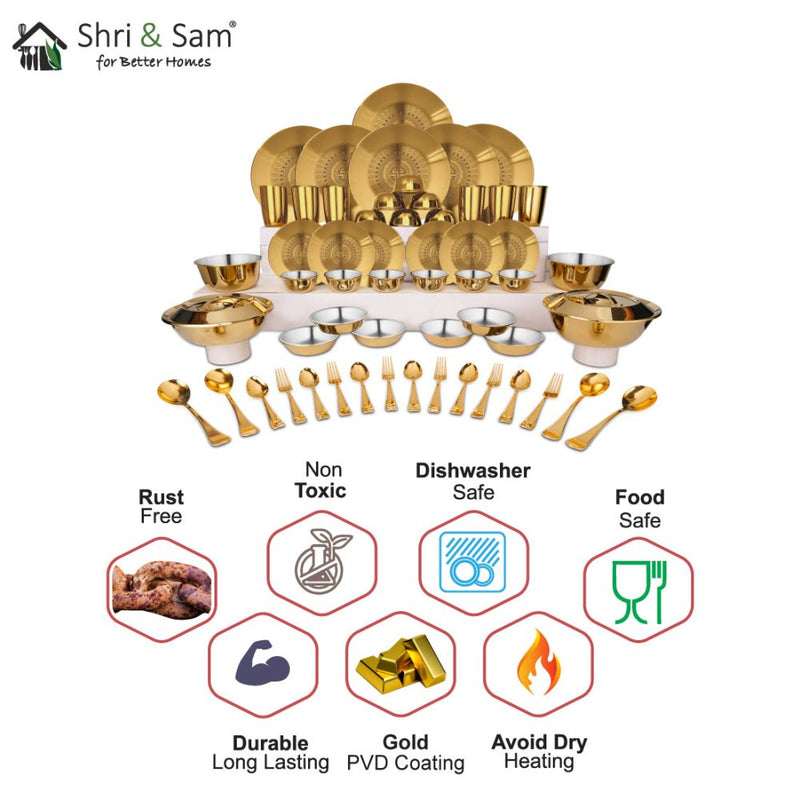 Stainless Steel 64 PCS Dinner Set (6 People) with Gold PVD Coating and Laser Signature - Matt