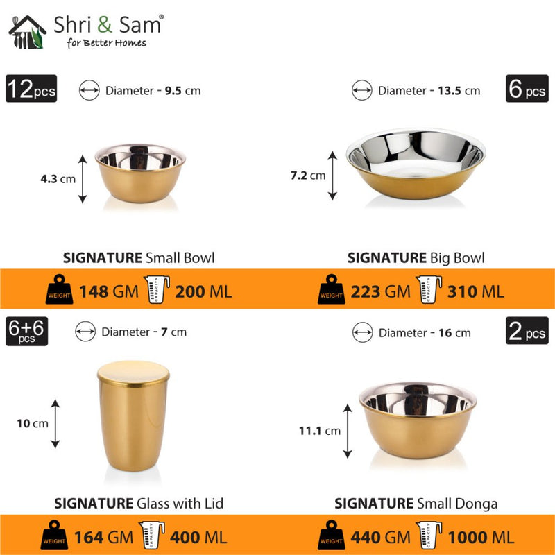 Stainless Steel 64 PCS Dinner Set (6 People) with Gold PVD Coating and Laser Signature - Shiny