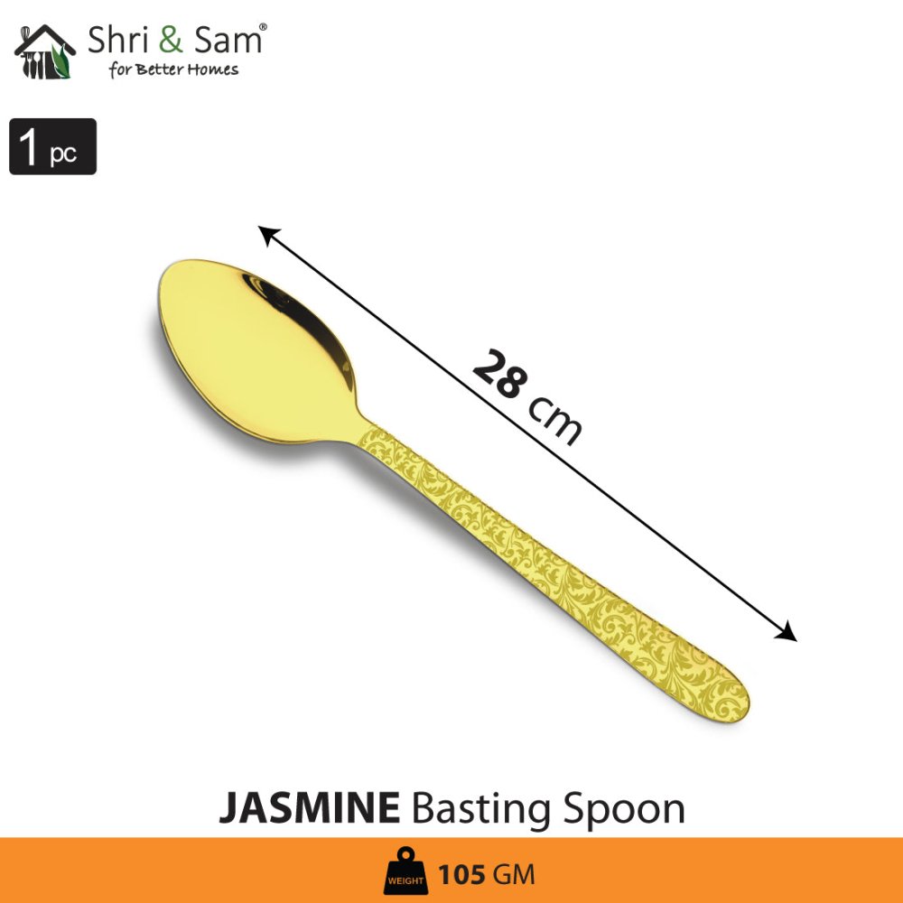 Stainless Steel Basting Spoon Solid with Gold PVD Coating and Laser Jasmine