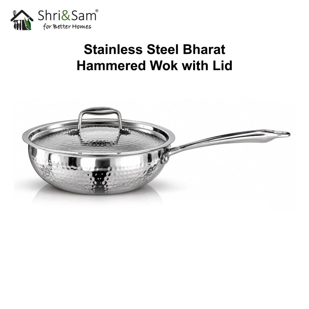Stainless Steel Bharat Hammered Triply WOK with Lid