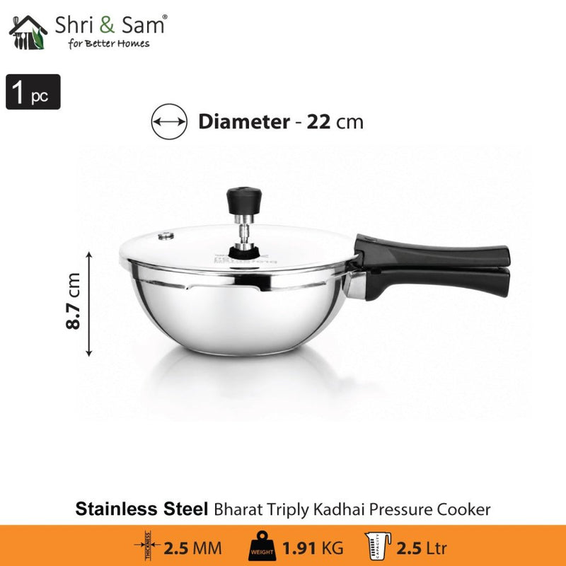 Stainless Steel Bharat Triply Kadhai Pressure Cooker 2.5 Ltr