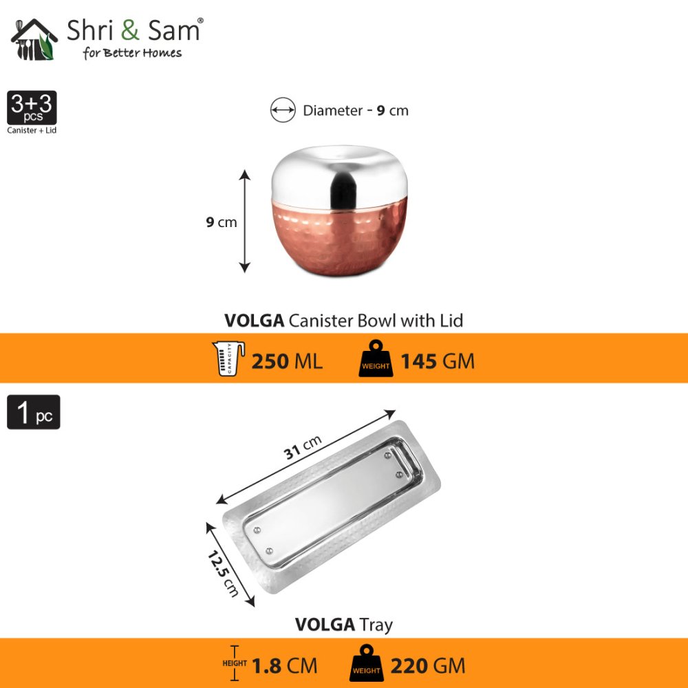 Stainless Steel Copper Hammered Canister Set with SS Tray Volga
