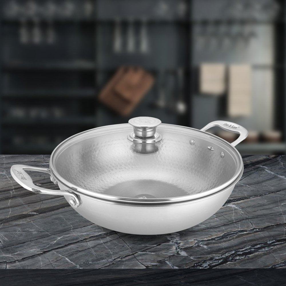 Stainless Steel Heavy Weight Hammered Kadhai with Glass Lid Elegant