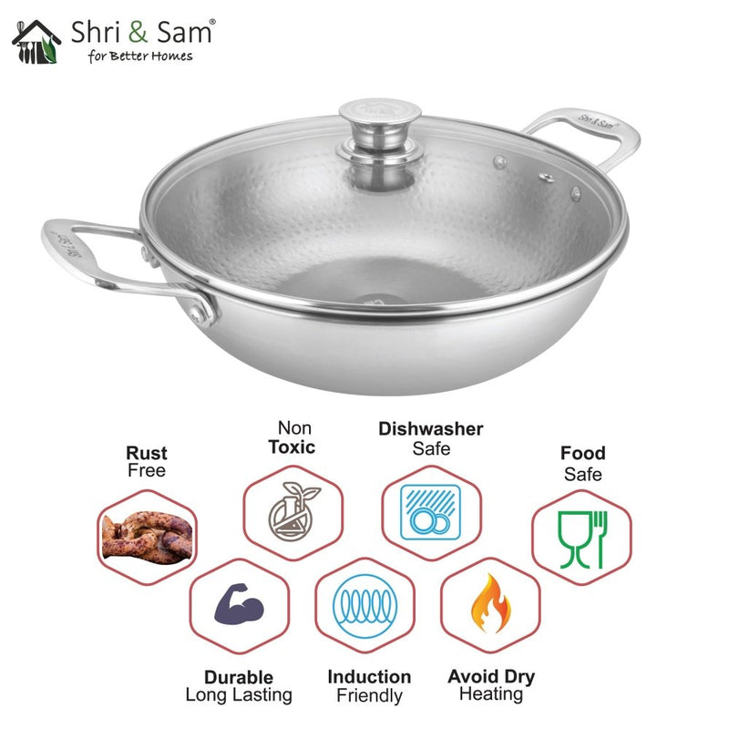 Stainless Steel Heavy Weight Hammered Kadhai with Glass Lid Elegant