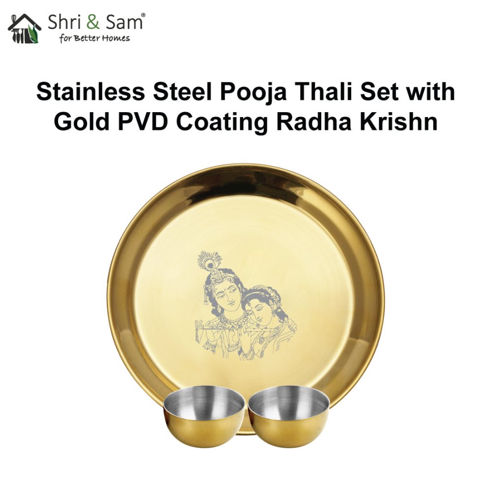 Stainless Steel Pooja Thali Set with Gold PVD Coating Radha Krishna