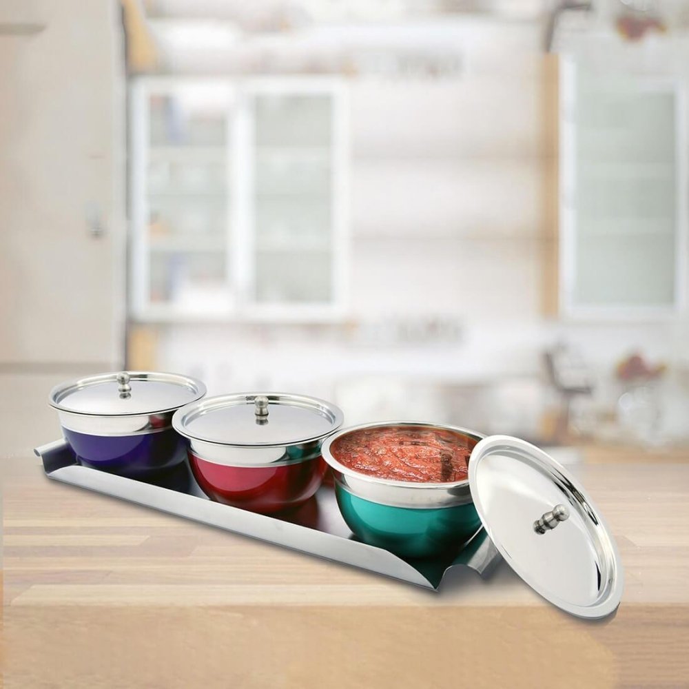 Stainless Steel Serving Bowl Set with SS Lid and Tray Miska