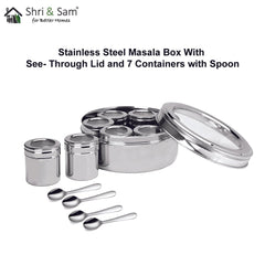 Stainless Steel Small Masala Box with See Through Lid and 7 Containers with Spoon
