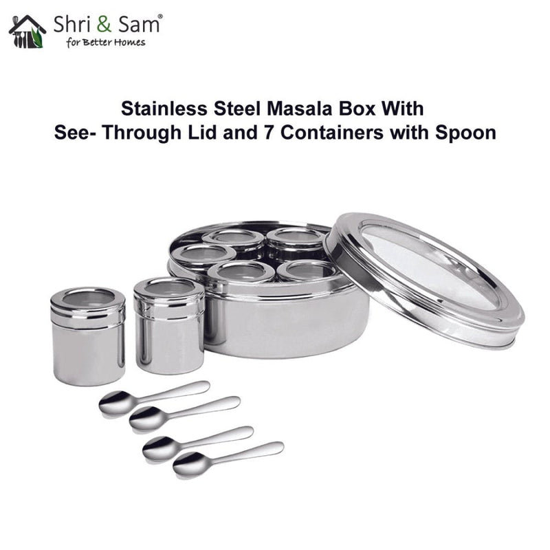 Stainless Steel Small Masala Box with See Through Lid and 7 Containers with Spoon
