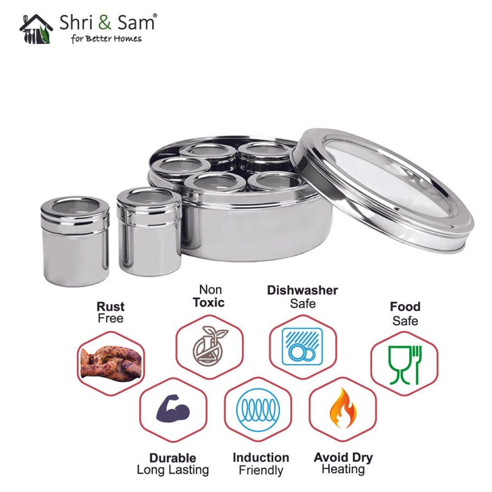 Stainless Steel Small Masala Box with See Through Lid and 7 Containers with Spoon