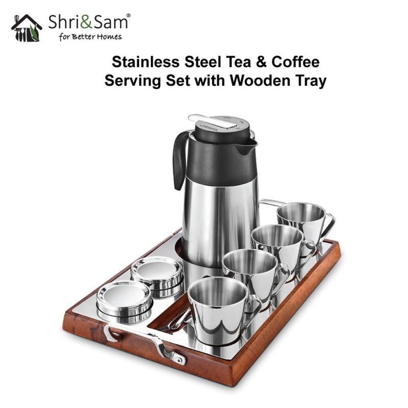 Stainless Steel Tea & Coffee Serving Set with Wooden Tray