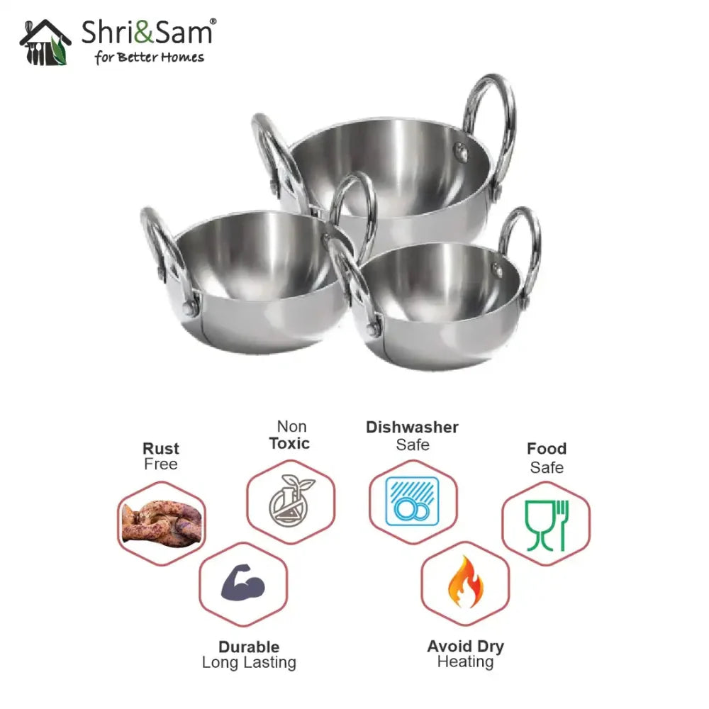 Stainless Steel Triply Mini Kadhai set of 3 pcs
