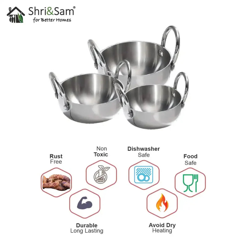 Stainless Steel Triply Mini Kadhai set of 3 pcs