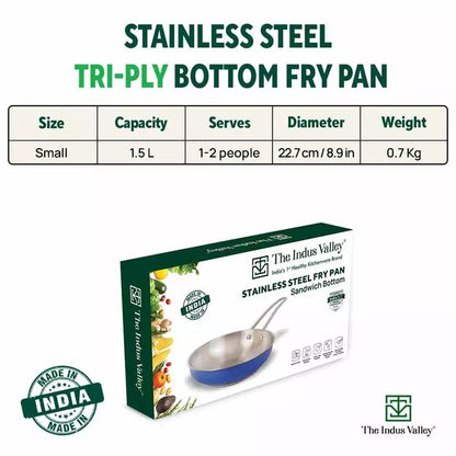 Tri-Steel Premium Stainless Steel Fry Pan, Tri-ply (3 Layer) Induction Bottom, 1.5L, Blue