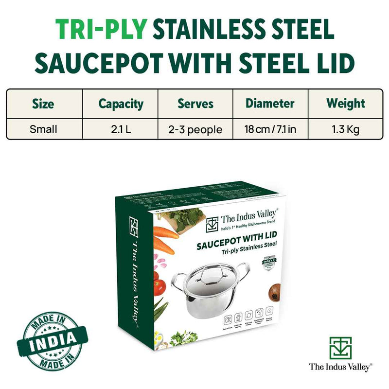 TurboCuk Tri-ply Stainless Steel Casserole/ Cooking Pot/ Sauce Pot+ Steel Lid, Premium Quality, 3 Layer Thick Body, 100% Toxin-free, Non-stick, Induction & Gas, 2.1L