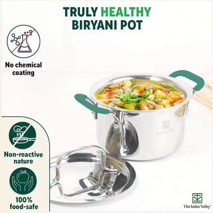 TurboCuk Tri-ply Stainless Steel Casserole/Biryani Cooking Pot+ Steel Lid, Premium 3 Layer Body, Cool Silicone Handles, Induction, Non-stick, 2.9L