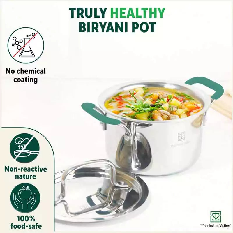 TurboCuk Tri-ply Stainless Steel Biryani Cooking Pot/Casserole, Premium Quality, 3 Layer Thick Body, Cool Silicone Handles, 100% Toxin-free, Non-stick, Induction & Gas, Free ₹110 Spatula, 2.9L