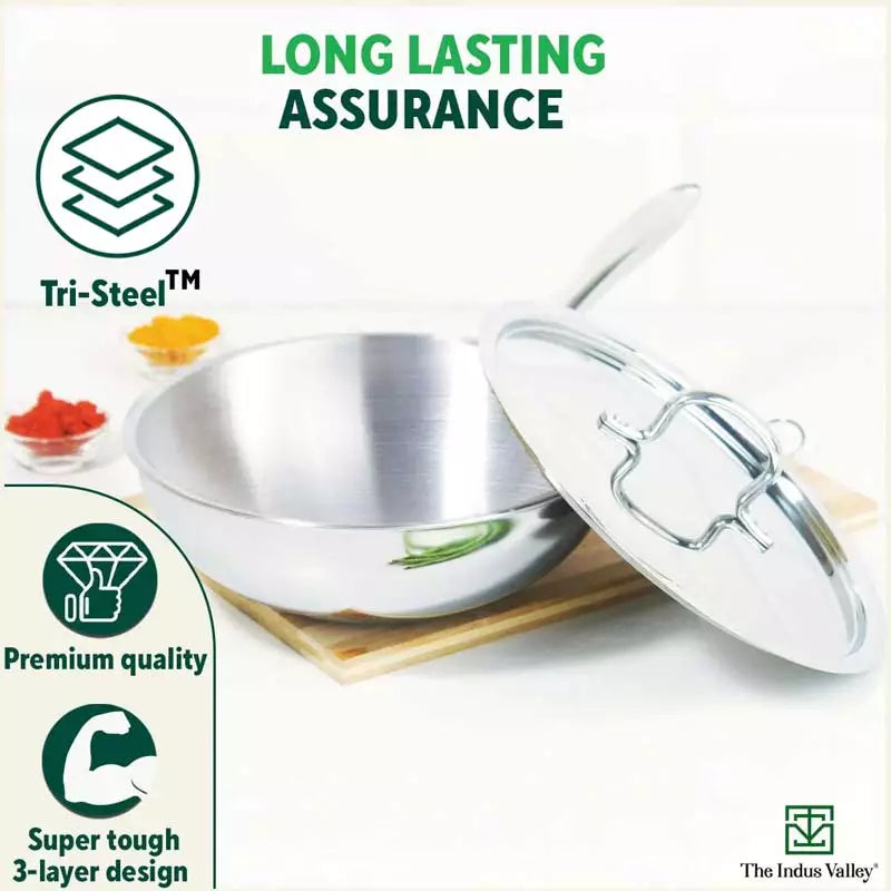 TurboCuk Tri-ply Stainless Steel Wok/Fry Pan+ Steel Lid, Premium Quality, 3 Layer Thick Body, 100% Toxin-free, Non-stick, Induction & Gas, 1.8/2.3L, 1/1.6kg