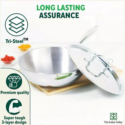 TurboCuk Tri-ply Stainless Steel Wok/Fry Pan+ Steel Lid, Premium Quality, 3 Layer Thick Body, 100% Toxin-free, Non-stick, Induction & Gas, 1.8/2.3L, 1/1.6kg