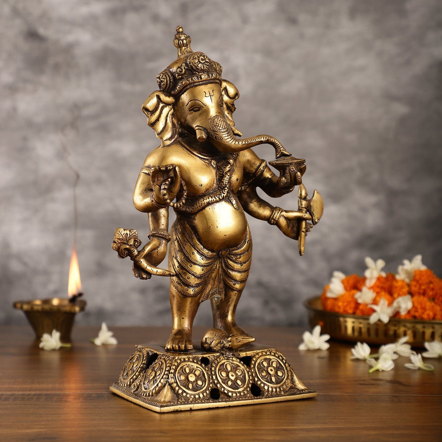 Standing Brass Ganesha Idol | 12.5-inch Height