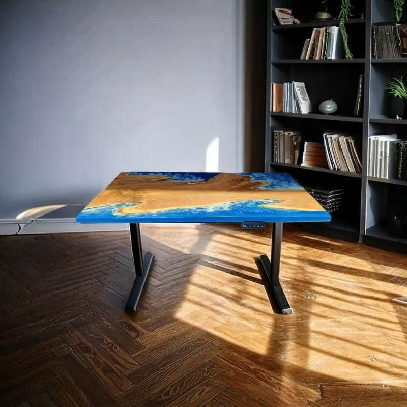 ImperiumX blue beach island standing desk with black legs - epoxy resin
