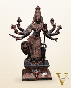 Standing Durga Brass idol with 8 arms and lion 18 inch antique