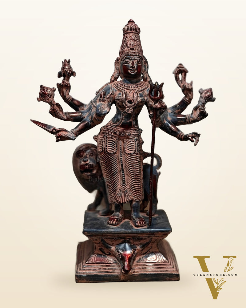 Standing Durga Brass idol with 8 arms and lion 18 inch antique