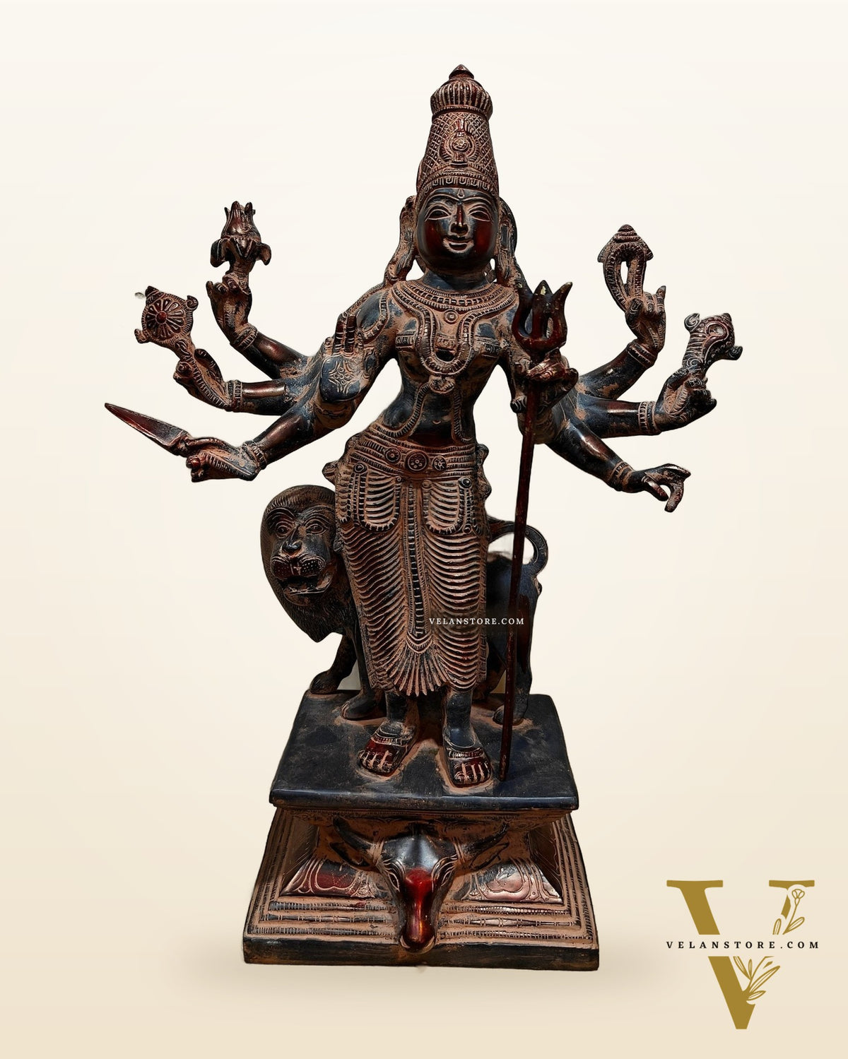 Standing Durga Brass idol with 8 arms and lion 18 inch antique