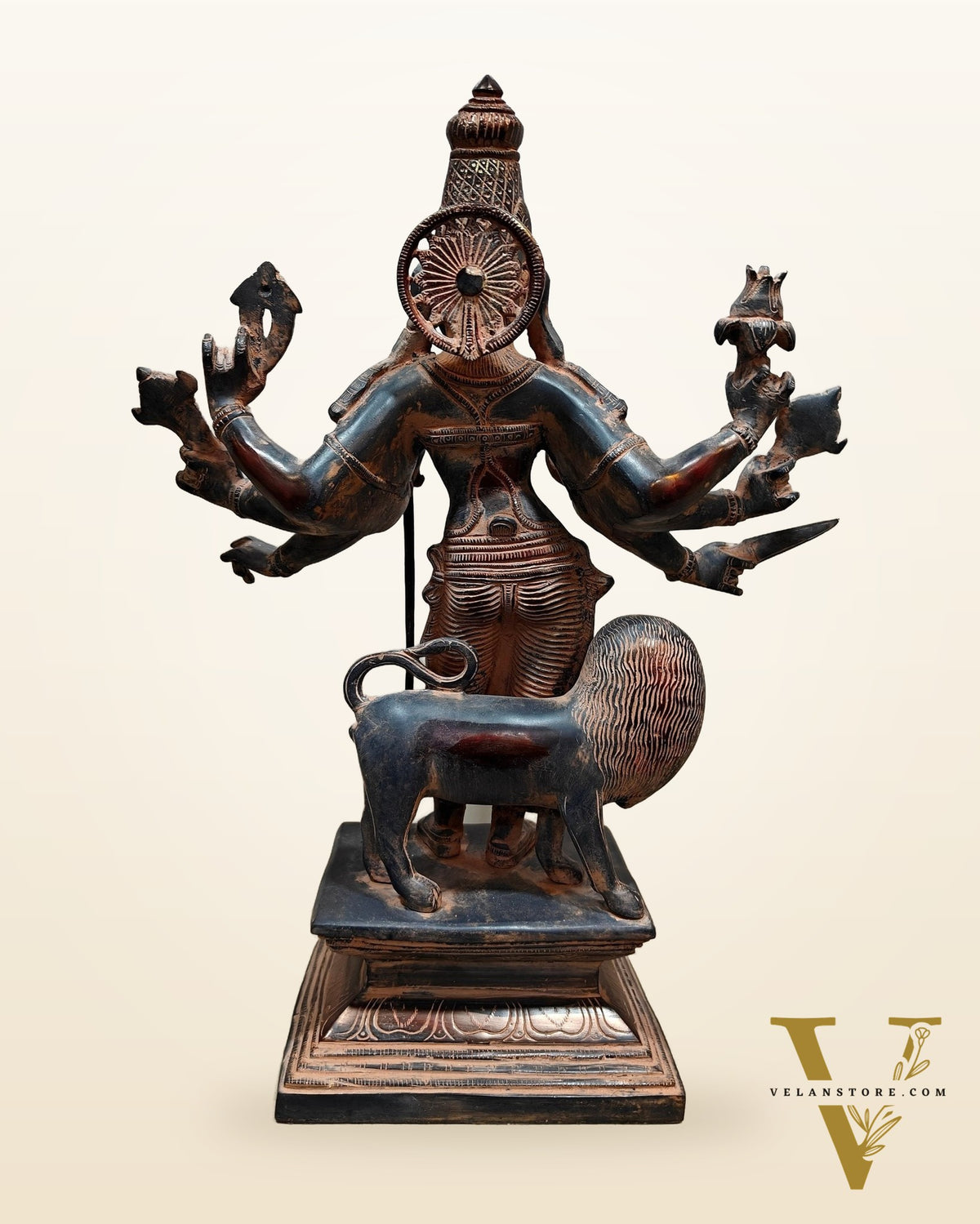 Standing Durga Brass idol with 8 arms and lion 18 inch antique