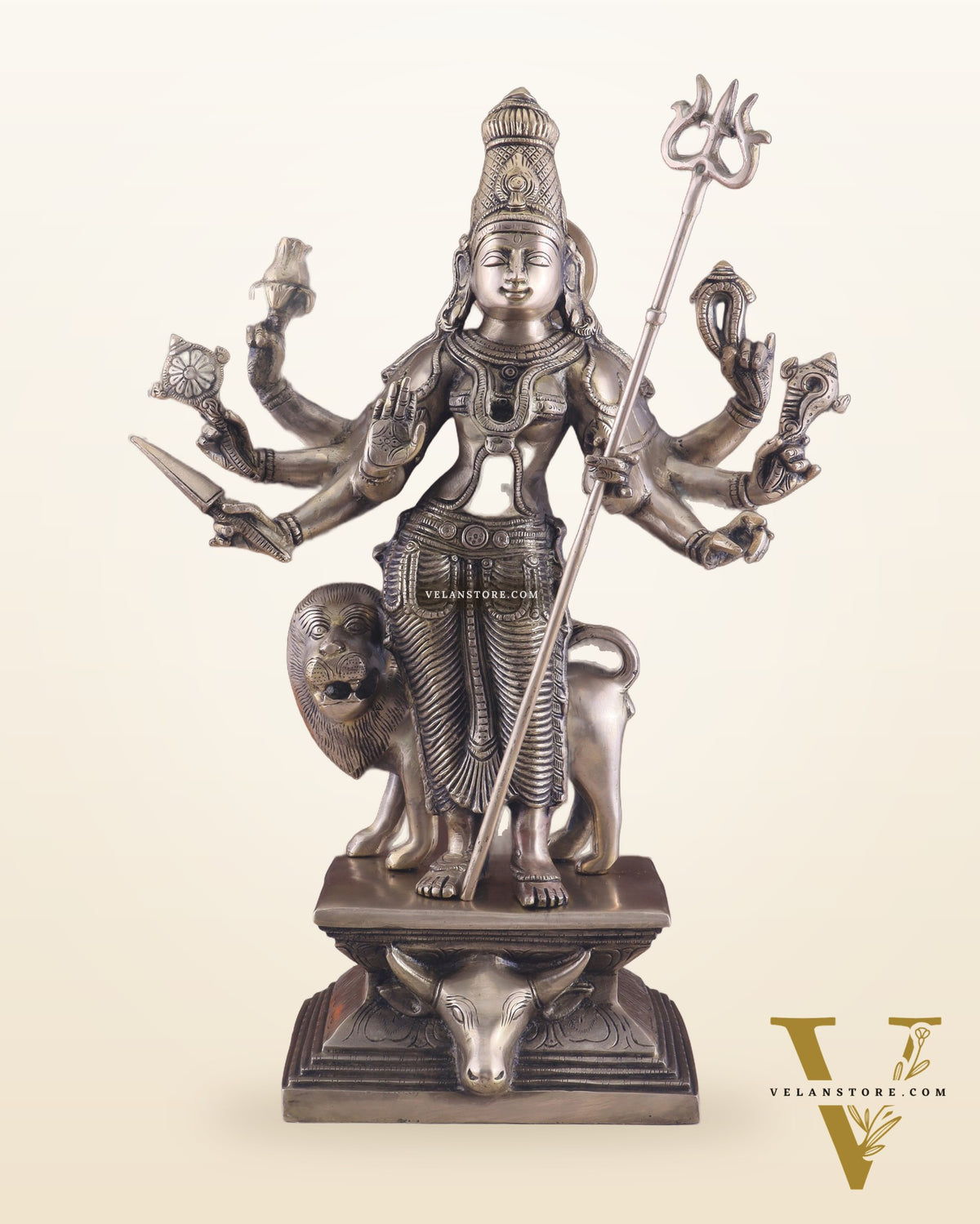 Standing Durga Brass idol with 8 arms and lion 18 inch