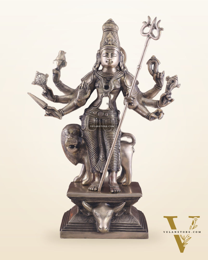Standing Durga Brass idol with 8 arms and lion 18 inch