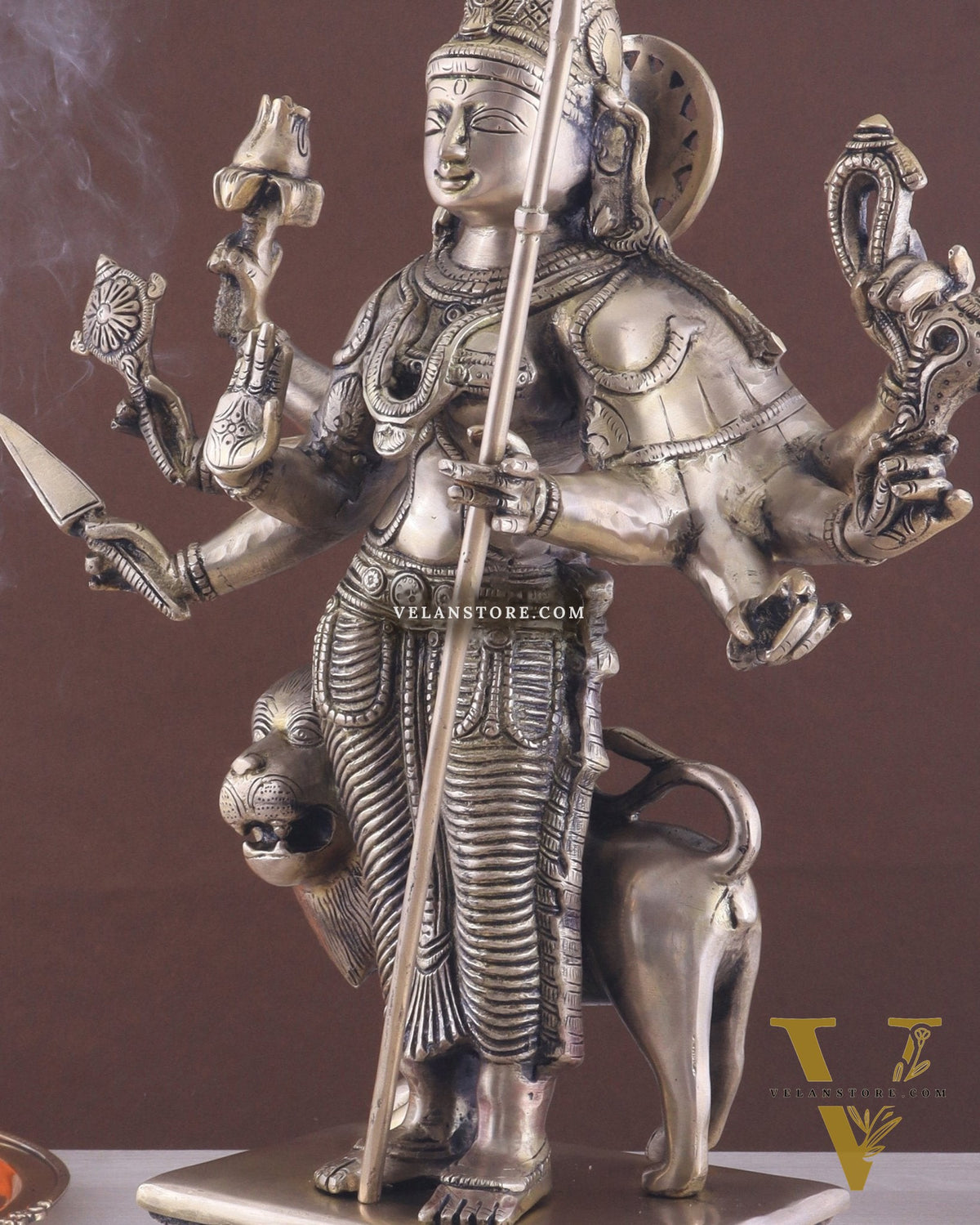 Standing Durga Brass idol with 8 arms and lion 18 inch