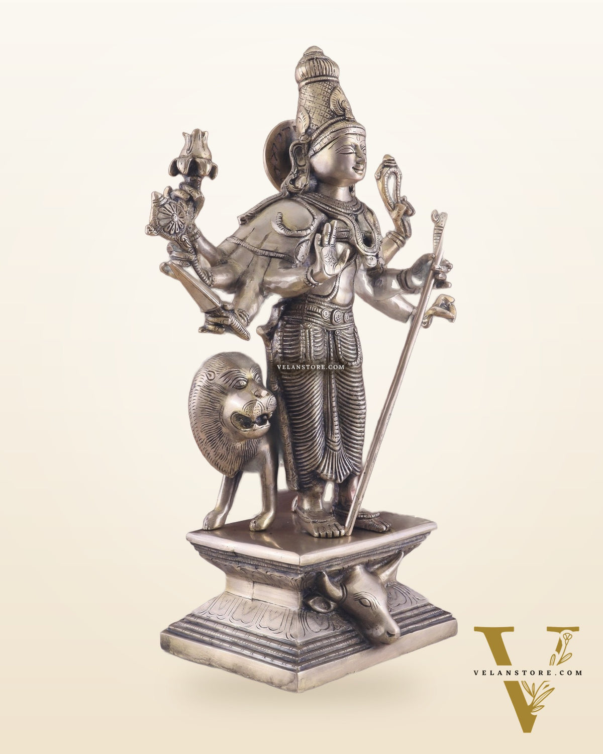 Standing Durga Brass idol with 8 arms and lion 18 inch