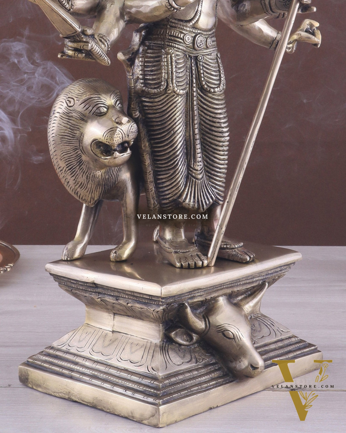 Standing Durga Brass idol with 8 arms and lion 18 inch